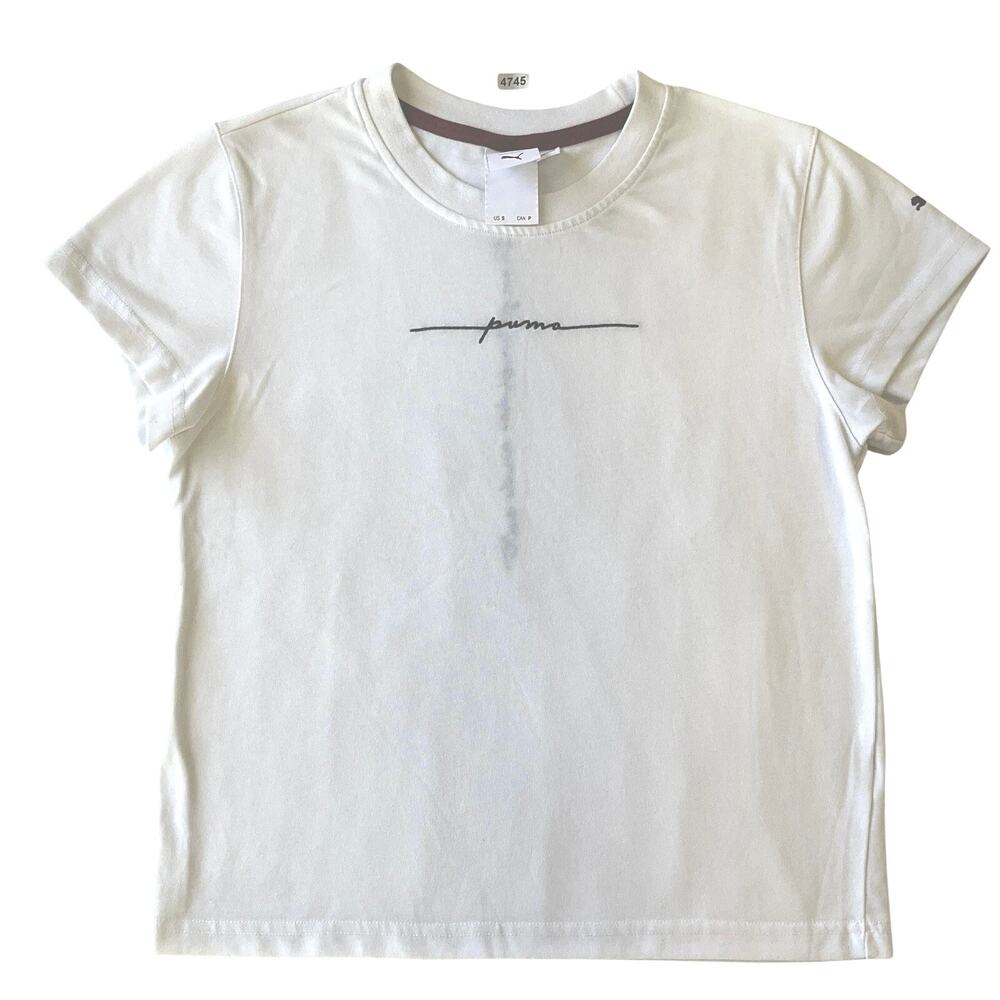 Puma Women Shirt S White Logo Crew Neck Pullover Short Sleeve Crop Top